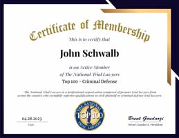 Certificate of Membership | John Schwalb | Active Member | The National Trial Lawyers Top 100 - Criminal Defense